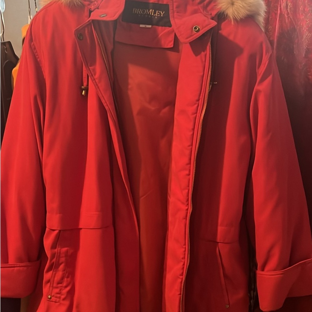 Bromley Red Hooded Coat with Fur Trim
